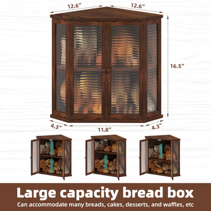 WouZglk Corner Bread Box for Kitchen Counter, 16.7 Inch Extra Large 2-Tier Farmhouse Bread Box with Natural Pine Wood Grain, Dual Wave Glass Doors and Adjustable Shelf(Pine Wood)