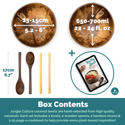 Jungle Culture 2 Polished Coconut Bowl & Wooden Spoons Set with Bamboo Straws • Natural Yoghurt & Smoothie Bowls Ideal for Ninja Creami • Healthy Coco Shell Buddha, Acai • Eco Friendly Vegan Gifts