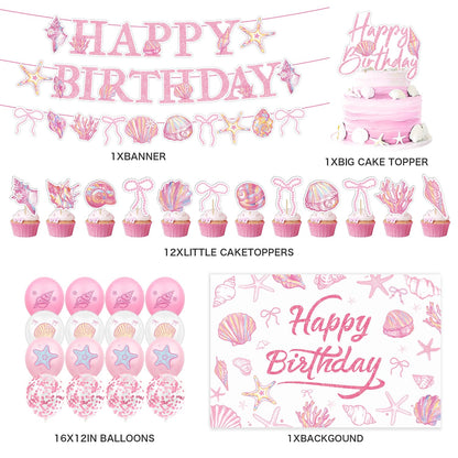 Pink Seashell Party Decorations Include Seashell Banner-Backdrop-Balloons-Cake Topper-Cupcake Toppers for The Summer I Turned Pretty Party Decorations