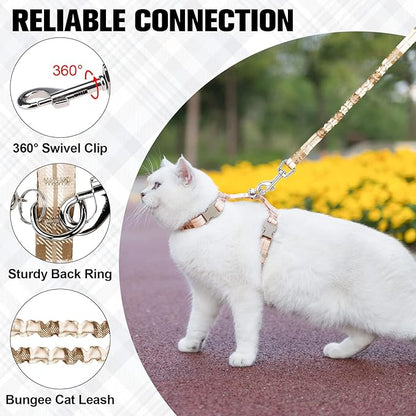 BEAUTYZOO Cat Harness and Leash Set Escape Proof for Walking, Kitten Soft Adjustable Vest Harnesses for Small Medium Large Cats, Easy Control Breathable Plaid Ribbon Nylon for Outdoor Indoor Use