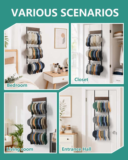 FANGSUN 3-Tier Over the Door Hat Rack with 30 Movable Hooks – Wall Mounted Hat Organizer for Baseball Cap Storage, Cap Holder Gifts for Men Dad, Christmas Presents