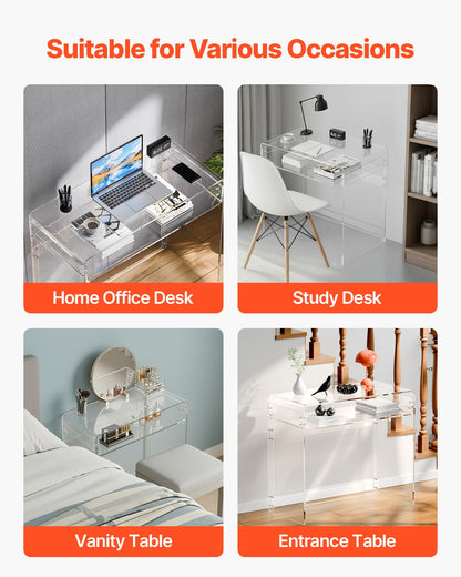 VEVOR Acrylic Desk, Clear Laptop Study Desk with Storage Shelf, Modern Transparent Console Table for Home Office, Living Room, Bedroom, Entryway, 33.5" W x 15.7" D x 29.5" H