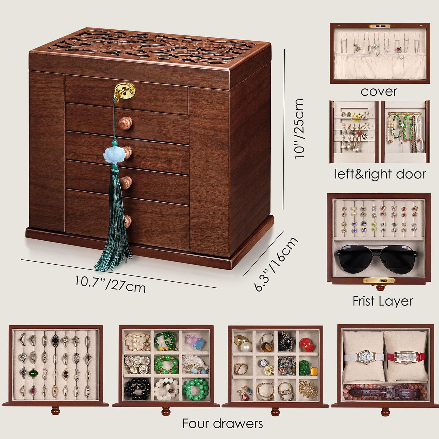 Artisticbox wooden Jewelry Box and Organizer - 8-Layer Lockable Wooden Jewelry Boxes for Women - Large Jewelry Boxes and Organizer with Key,Gift for Wife,dresser top jewelry box with lock