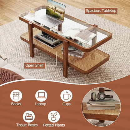 Giantex Rattan Coffee Table, 47.5" Rectangle Solid Wood Tea Table w/Tempered Glass Tabletop, Rattan Storage Shelf, 2-Tier Boho Coffee Tables, Farmhouse Center Table for Living Room (Brown)