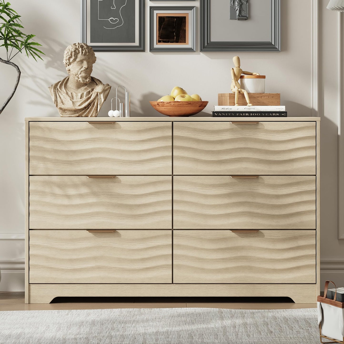 MALOL Coastline Fluted 6 Drawers Dresser for Bedroom, 48" Wide Modern Chest of TV Stand Organizers with Metal Handle, Storage Wooden Dresser Drawer for Living Room, Hallway, Closet, Natural Wood