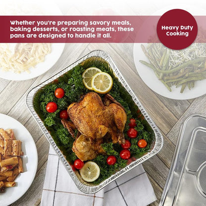 BAKE IT KITCHEN 25 Pack Half Size Disposable Aluminum Pans - Durable BBQ Pan, 9x13 Half Size Deep Pan, Cookware, Camping, Food Leftovers, Desserts, Heavy Duty, Oven
