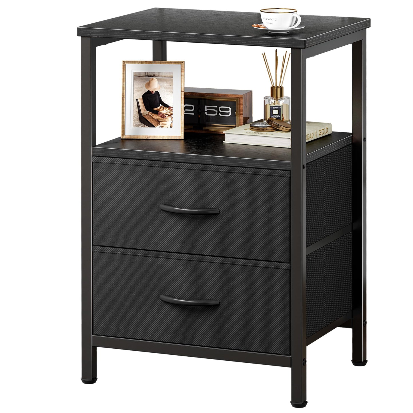 Huuger Night Stand with 2 Drawers, Bed Side Table with Open Shelf, Wooden Top, Nightstand for Bedroom, End Table for Small Space, Fabric Drawer, Black