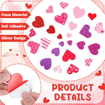 500 PCS Valentines Stickers, Self-Adhesive Foam Heart Stickers for Craft Lovers, 3 Sizes Glitter Polka Dots Stripe Valentines Decor, Bulk Valentine Crafts Red Pink DIY Decor for Frames Presents Cards