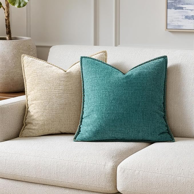 MIULEE Pack of 2 Couch Throw Pillow Covers 16x16 Inch Teal Farmhouse Decorative Pillow Covers with Stitched Edge Soft Chenille Solid Dyed Summer Pillow Covers for Sofa Bed Living Room