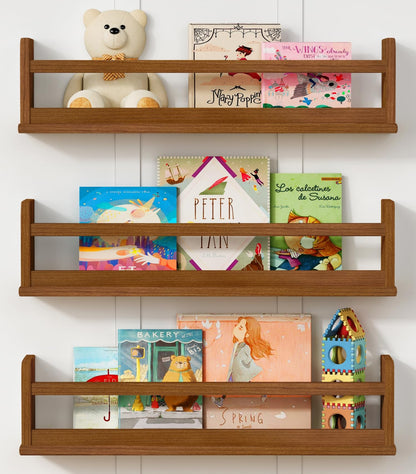 Harwaya Floating Nursery Book Shelves Wall Mounted, Wooden Wall Bookshelf for Kids Room, Dark Wood Hanging Book Shelf for Baby Toddler Childrens Bedroom (24 Inch, Walnut Brown, Set of 3)