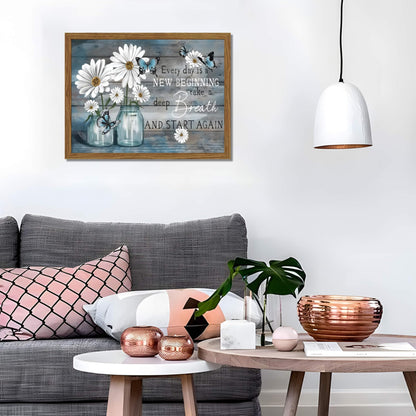 Wood Framed Daisy Butterfly Wall Art, Blue Rustic Farmhouse Canvas Wall Decor Paintings, Inspirational Flower Still Life Posters Prints Pictures for Bathroom Bedroom Home Decor 12x16 Inch