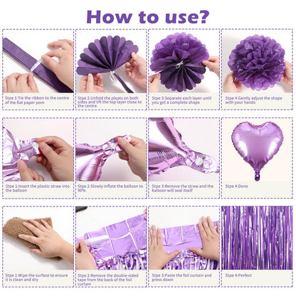 Purple Birthday Decorations for Women, Happy Birthday Party Decorations, Happy Birthday Banner, Purple Balloons, Foil Fringe Curtains, Tissue Paper Pompoms, Heart Garland, Party Decor for Girls