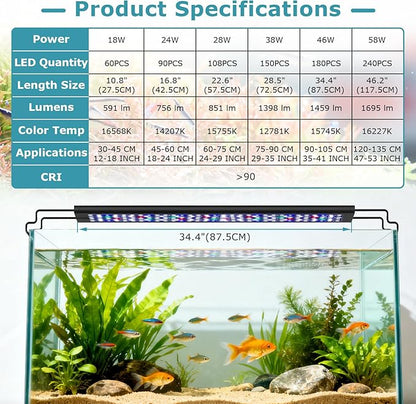 hygger 46W Aquarium Light, 24/7 & DIY Mode Fish Tank Light with Timer, IP68 Waterproof Full Spectrum, 8 Colors, 10 Brightness Day & Night Cycle Memory Function for 35-41 Inch Tank