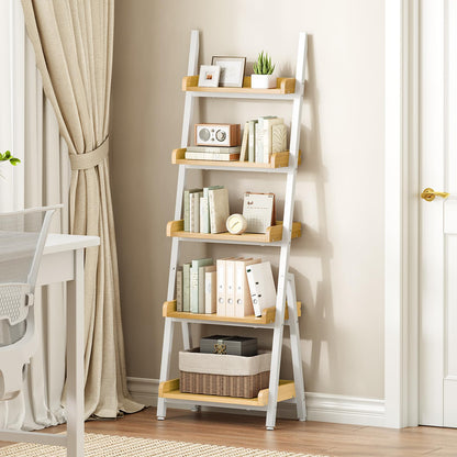 HOOBRO Small Bookcase, Ladder Shelf, 5-Tier Wall-Leaning Shelf, Freestanding Storage Rack, Display Stand, for Living Room, Home Office, Balcony, Bedroom, White and Natural WN151CJ01