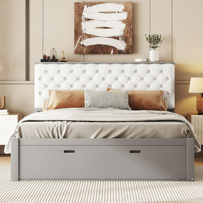 Merax Queen Size Bed Frame with Upholstered Storage Headboard, Rustic Wood Platform Bed with Four Drawers and Shoe Rack, Sturdy Wooden Slats Support, No Box Spring Needed, Easy Assembly, Gray