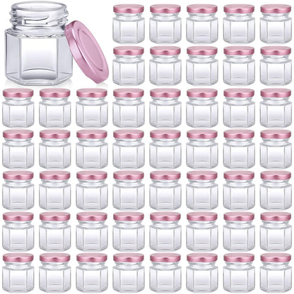 Nuogo 100 Pack 1.5oz Mini Hexagon Glass Jars Bulk for Wedding Small Honey Jars with Lids for Spice Canning Mason Gifts Candy Honey Wedding Party Favors DIY Crafts (Pink)