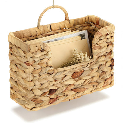 Woven Water Hyacinth Wall Basket - Hanging Magazine Holder & Mail Organizer, Natural Wicker Wall Storage Pocket for Files, Books, Entryway & Office Decor
