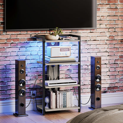 HOOBRO 4-Tier AV Media Stand, Media Console with Charging Station and LED Light, Wooden Stereo Cabinet, Corner TV Stand, Record Player, Entertainment Device Stand, BG38UDCJ01