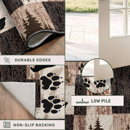 Puyosvr Rustic Lodge Runner Rug,2x7ft,Western Country Bear Elk Deer Wildlife Log Design,Forest Landscape Hunting Theme Rug,with Non Slip Backing Washable Rugs, Non Slip Pet Friendly Rug for Hallway