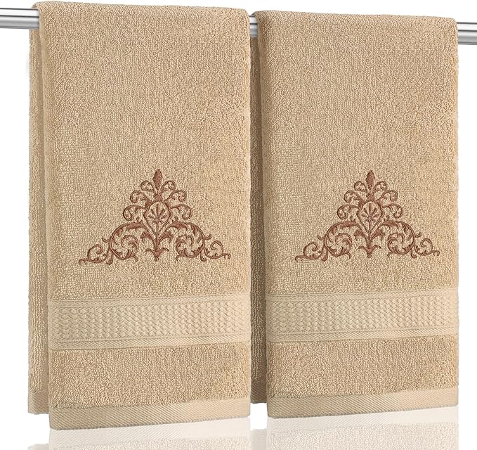 2 Pcs Damascus Hand Towels Brown Farmhouse Bathroom Decor 14x29 Inch