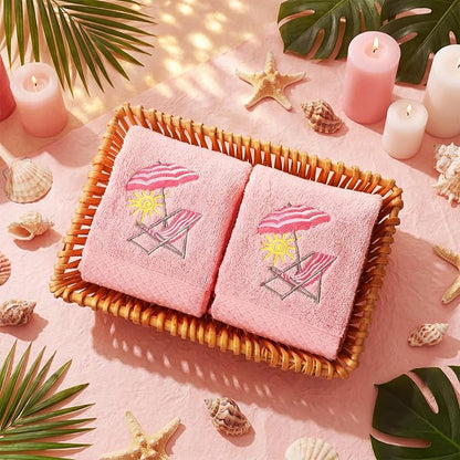 2 Pcs Beach Chair Hand Towels Pink Bathroom Decor 14x29 Inch Embroidered 100%