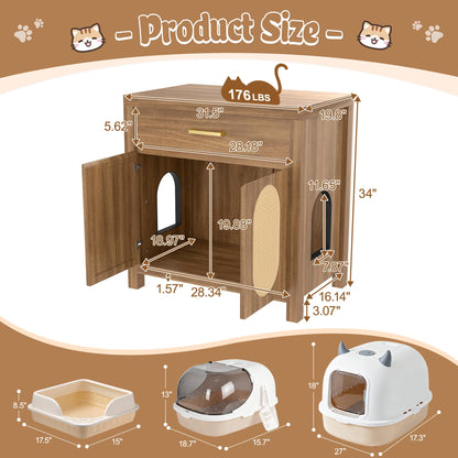 Hidden Cat Litter Box Enclosure Furniture with Scratching Board Doors and Storage Drawer, Wooden Washroom Cat House Cabinet Side Table Nightstand for Living Room, Espresso