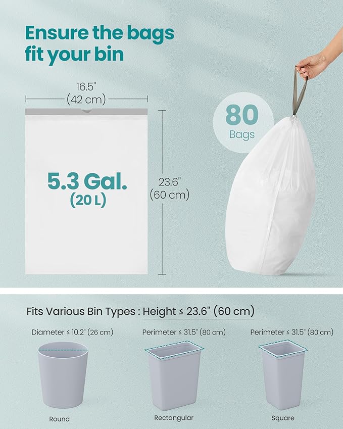 SONGMICS Trash Bags for 5.3 Gallon Trash Cans, Drawstring Kitchen Garbage Bags