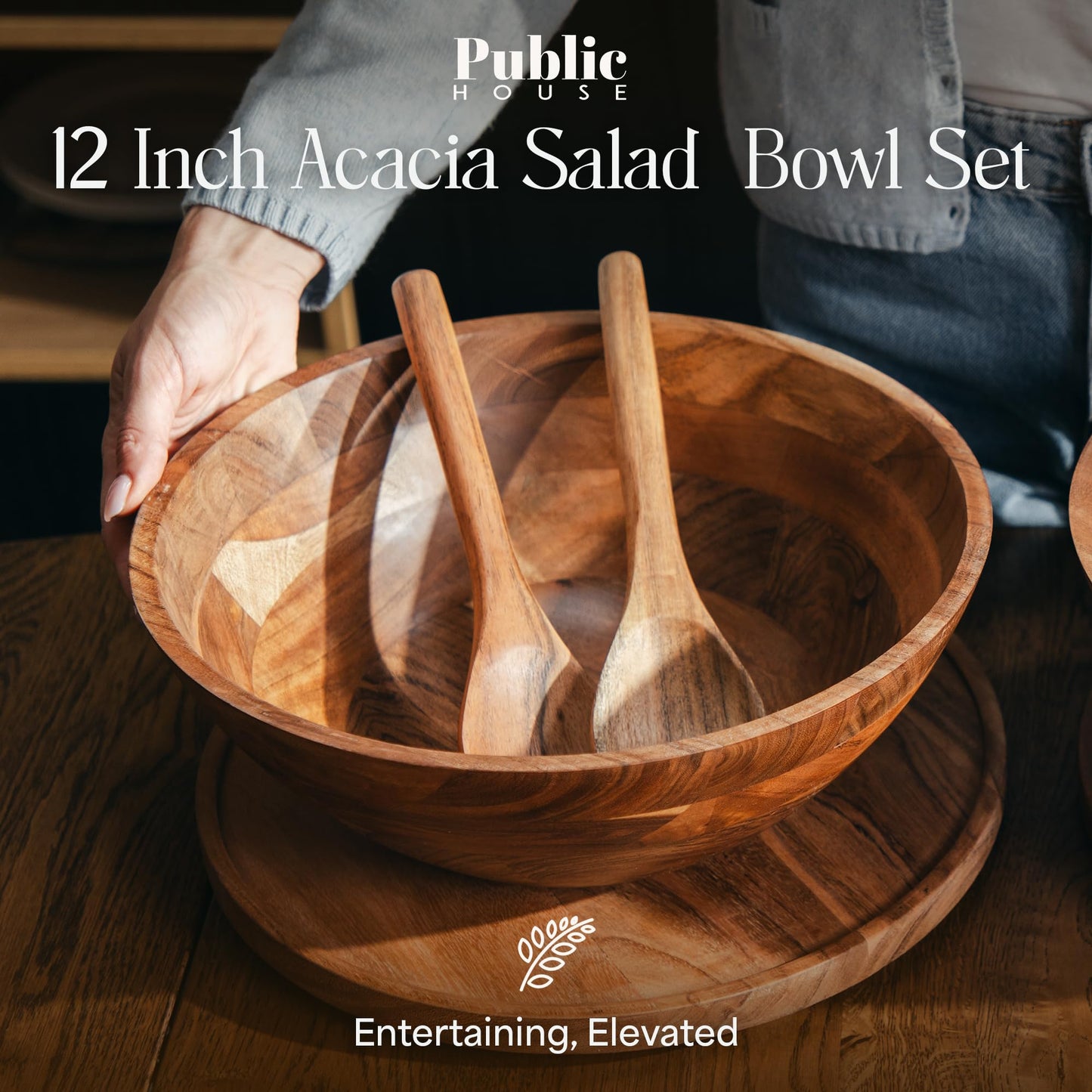 Public House Large Wooden Salad Bowl Set 12.5 Inch with Serving Utensils, Tray Lid and Carry Strap. Acacia Wood Large Salad Bowls Ideal for Fruits and Dishes, Wooden Bowls for Food, Serving Bowl