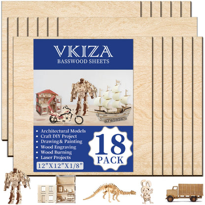 18 Pack Basswood Sheets 12"x12"x1/8" for Crafts, Unfinished Basswood Craft Board Perfect for DIY Ornaments and Models, Drawing, Painting, Engraving, Wood Burning, Laser Cutting