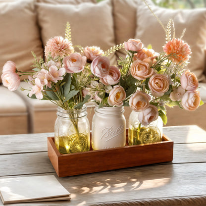 LIOZLIOLY Farmhouse Mason Jar Centerpiece with LED Lights and Artificial Flowers – Rustic Dining Table Decoration with Wooden Tray, Perfect for Kitchen, Living Room, Bathroom, or Coffee Table Decor