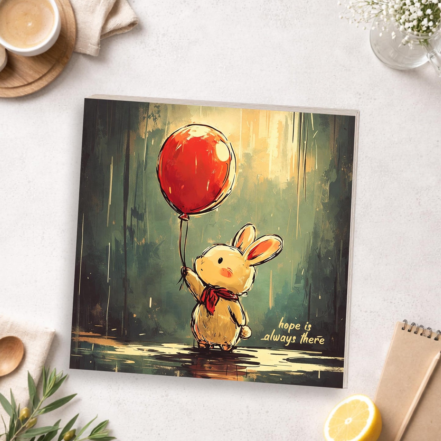 Cute Bunny Wooden Block Sign, Whimsical Balloon Rabbit Art Shelf Sitter, Nursery Kids Room Table Mantel Decor, Adorable Home Accent Gift