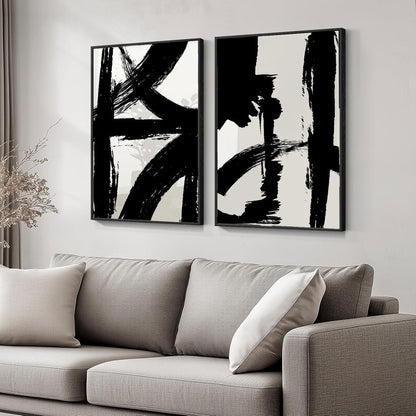 Set of 2 Framed Black and White Brush Stroke Canvas Wall Art Modern Abstract Minimalist Ink Line Painting Retro Mid-Century Geometric Poster Prints for Office Home Decor (12inx16in Framed)