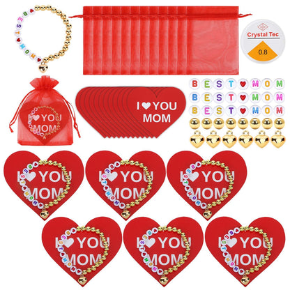 Augshy 24 Sets Mother's Day Bracelet Making Kit, Mom Bracelets DIY Craft Kit Letter Beads Heart Pendants Heart Gift Cards Organza Bags for Mothers Day Gifts Classroom Handcrafted Activity Party Favors