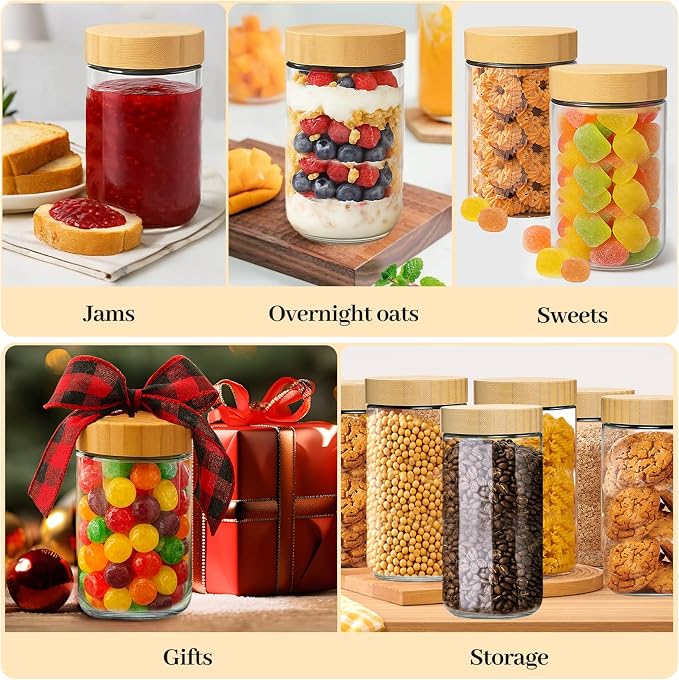 TBWIND 4 Pack 24oz Glass Jars with Bamboo Lids, Spoons, Airtight Overnight Oats Containers, Wide Mouth Mason Jars, Food Storage Container for Yogurt Salad Snacks Spice Sugar Meal Prep – Reusable