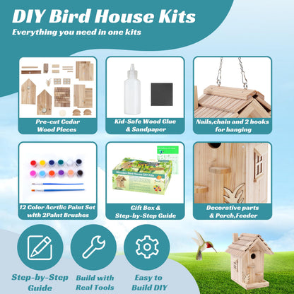 Rioychan DIY Birdhouse Building Kit for Adults, Wooden Bird Houses to Paint for Kids, Outdoor Woodworking Kits Adult Crafts for Outside(Wood, 6.5in)