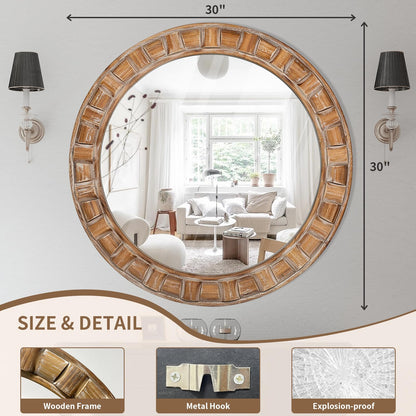XGGJWW 30 Inch Brown Solid Wood Round Wall Mirrors, Decorative Circle Mirror for Bathroom, Bedroom, Living Room, Hallway, Foyer, Entryway