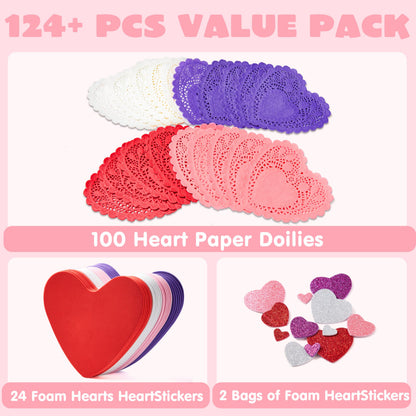 JOYIN 126+ Pcs Valentines Day Craft Gift Set with 100 Heart Doilies, 24 Pcs Foam Doilies and 2 Bags Foam Heart Stickers for Kids, Tableware Decoration, Home Activitie, Kitchen Disposable Table Craft