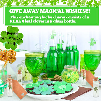 Cinnvoice 50 Sets St. Patrick's Day Cork Stoppers Glass Bottles Dried Pressed Four Leaf Clover Tiny Wishing Bottle Real Natural Four Leaf Clovers Mini Vials with Labels Ropes for DIY Crafts Wedding