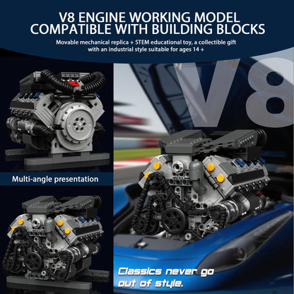 HUNKING Working V8 Engine Model Building Kit, Block-Compatible, Physical Science Experiment STEM Toy, Collectible Ornament and Creative Gift for Teens Aged 14+ and Adults(931 PCS)