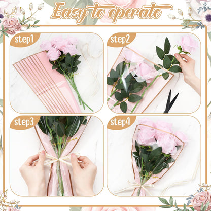 YooNotee 60 Pcs Flower Wrapping Bags for Valentine's Day Bouquets Supplies 17.7 x 10.9 Inches Plastic Flower Bouquet Sleeve Clear Front Floral Wraps with Ribbons for Graduation Party (Pink)