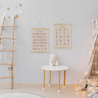 HRQKO Alphabet Numbers Poster Hanger Frame Set of 2, Pink Girls Nursery Wall Decor, ABC Poster Wall Art with Wooden Frames, Pink Alphabet Banner Wall Hanging Decor for Toddler Playroom, 12x16 Inch