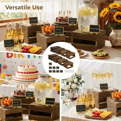 ZALIR 8 Pcs Rustic Wooden Risers for Table Display with 8 Mini Signs and 2 Pens - Tiered Dessert Display Stands, Rustic Cake Stand Buffet Risers for Party, Wedding, Birthday, Shower, 4 Sizes