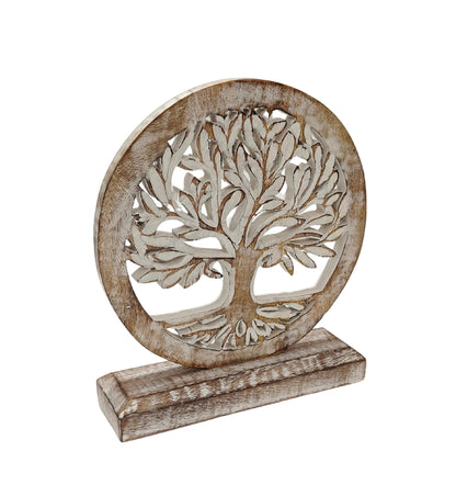 VANIYA CRAFTS® Wooden Tree of Life Table Sculpture – Handmade Carved Engraved Decor Statue for Living Room, Bedroom, Office, Shelf, or Cabinet (Antique White)