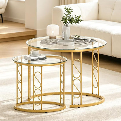 Garden 4 you Nesting Coffee Table, 23.6" Round Coffee Table Set of 2, Glass Nesting Table with Metal Frame, Ceter Tables for Living Room Bedroom Balcony, Gold
