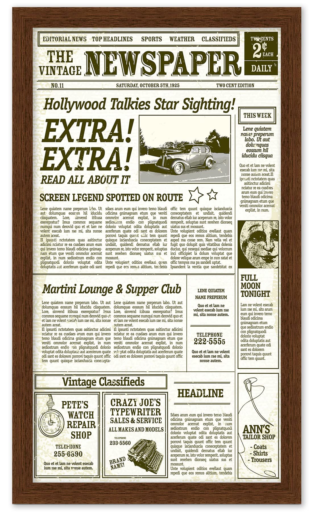 Modern Wood Newspaper Frame (Brown) Acid-Free, UV Resistant, Acrylic Plastic Front Prevents Paper from Fading Sleek Hanging Display Case for Entire Newspaper for Home or Office - 12x22.75