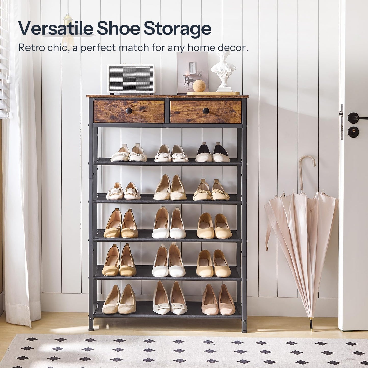 HOOBRO Shoe Rack, Shoe Storage Organizer with 2 Non-Woven Drawers, Shoe Shelf with Wooden Top, Closet, Rustic Brown BF12-79XJ01