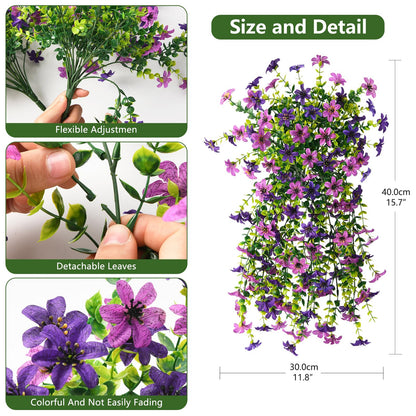 Homsunny Artificial Fake Hanging Flowers Plants for Outdoor Spring Summer Decoration, 2 PCS Faux Silk Flower Outside Planter UV Resistant Look Real for Front Patio Porch Home Decor (Double Purple)