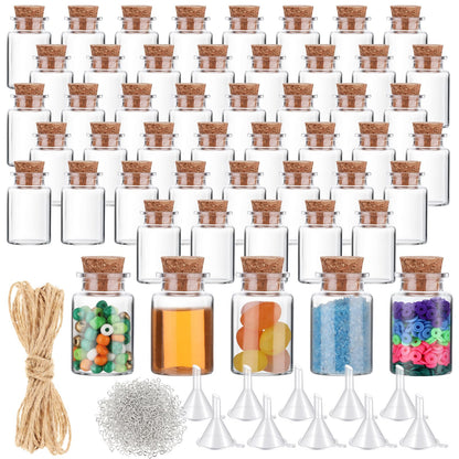 Bokon 50 Packs Mini Plastic Bottles with Corks Stoppers Eye Screws Funnels Small Potion Bottles Tiny Clear Sand Art Jar Wishing Vial for Birthday Party DIY Crafts Gift