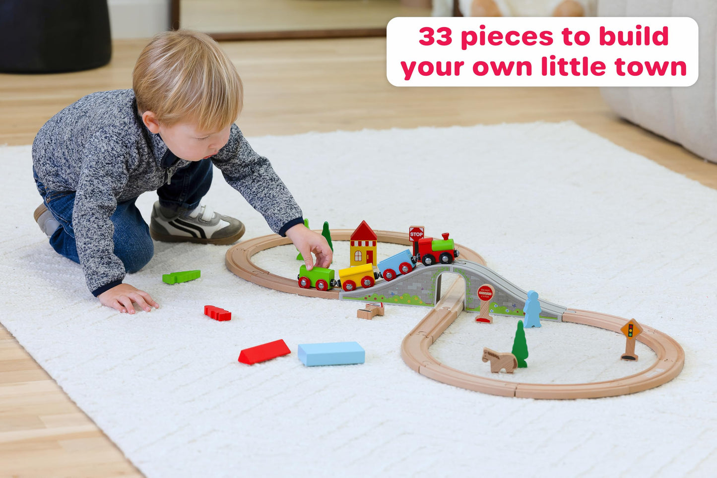Jasey's Toy Chest 33-Piece Wooden Little Town Train Adventure Set | Interlocking Tracks, Bridge, & Town Accessories | Compatible with Other Wooden Train Sets | for Toddlers Ages 3+
