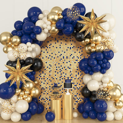 Amandir Navy Blue Gold Balloons Garland Arch Kit for Graduation Party Decorations, 145Pcs Gold Black Confetti Balloons with Foil Star for 2026 Graduation College Congrats Grad Class Birthday Supplies